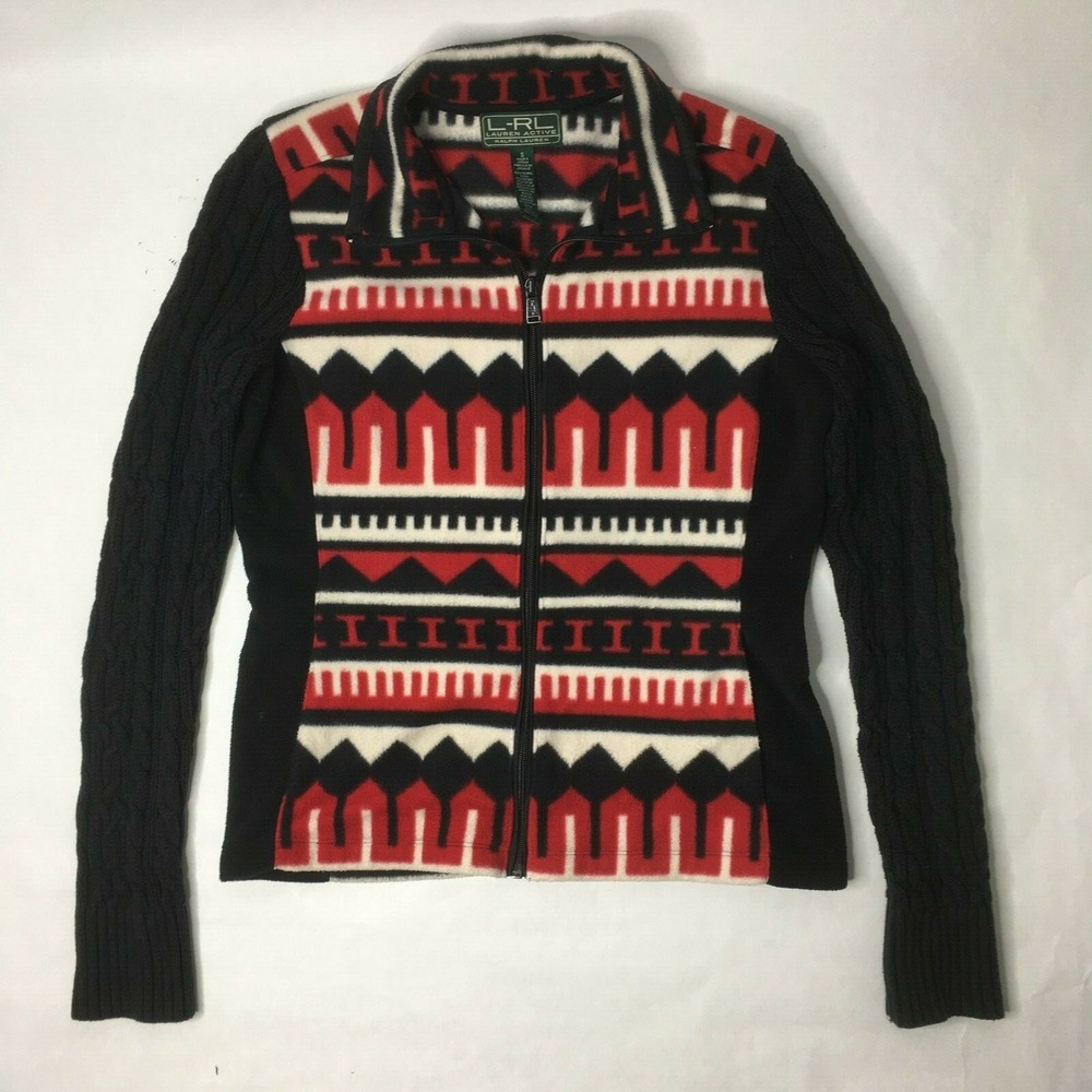 Lauren Ralph Lauren Womens Small Red‎ Black Aztec Geometric Zip Fleece Sweater U